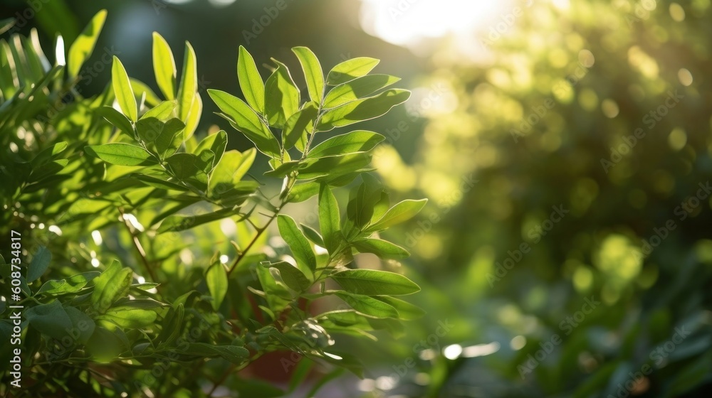Obraz premium curry leaf plant in a garden with sunlight casting an ethereal glow