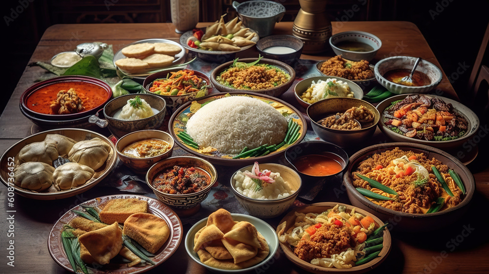 Table full of Indonesian dishes, padang style. Generative AI Table full of Indonesian dishes, padang style. Generative AI