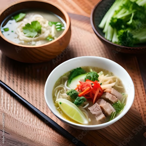 Explore the flavors of Indonesian Soto through a captivating image that captures its essence. Get ready to indulge in the deliciousness of this traditional dish. ai generated