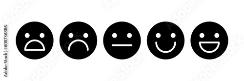 Happy, laughing, neutral, sad, upset, unhappy, shocked smile icon. Customer feedback vector emoticon set. Black negative, positive face icons.