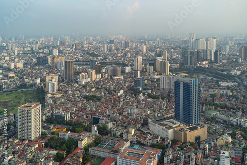 Aerial view of Hanoi Downtown Skyline, Vietnam. Financial district and business centers in smart urban city in Asia. Skyscraper and high-rise buildings.