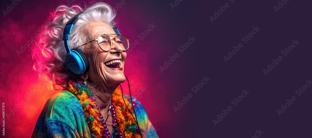 Happy senior woman listening music in headphones. Generative AI