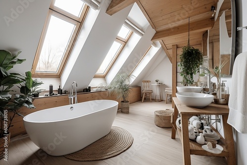 An Elegant attic Bathroom with a Bathtub Modern style