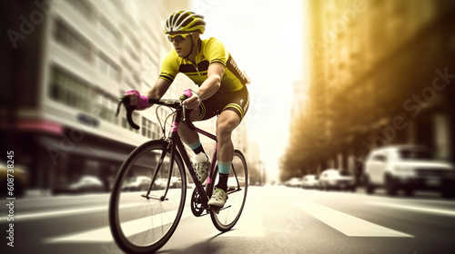 Racing cyclist on street, daylight, gradient from magenta to yellow. Generative AI