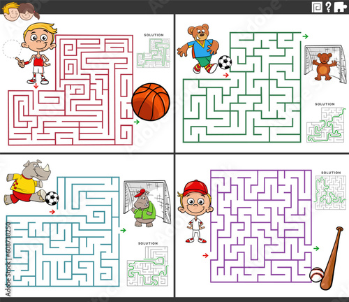 maze activity games set with cartoon boys and animals