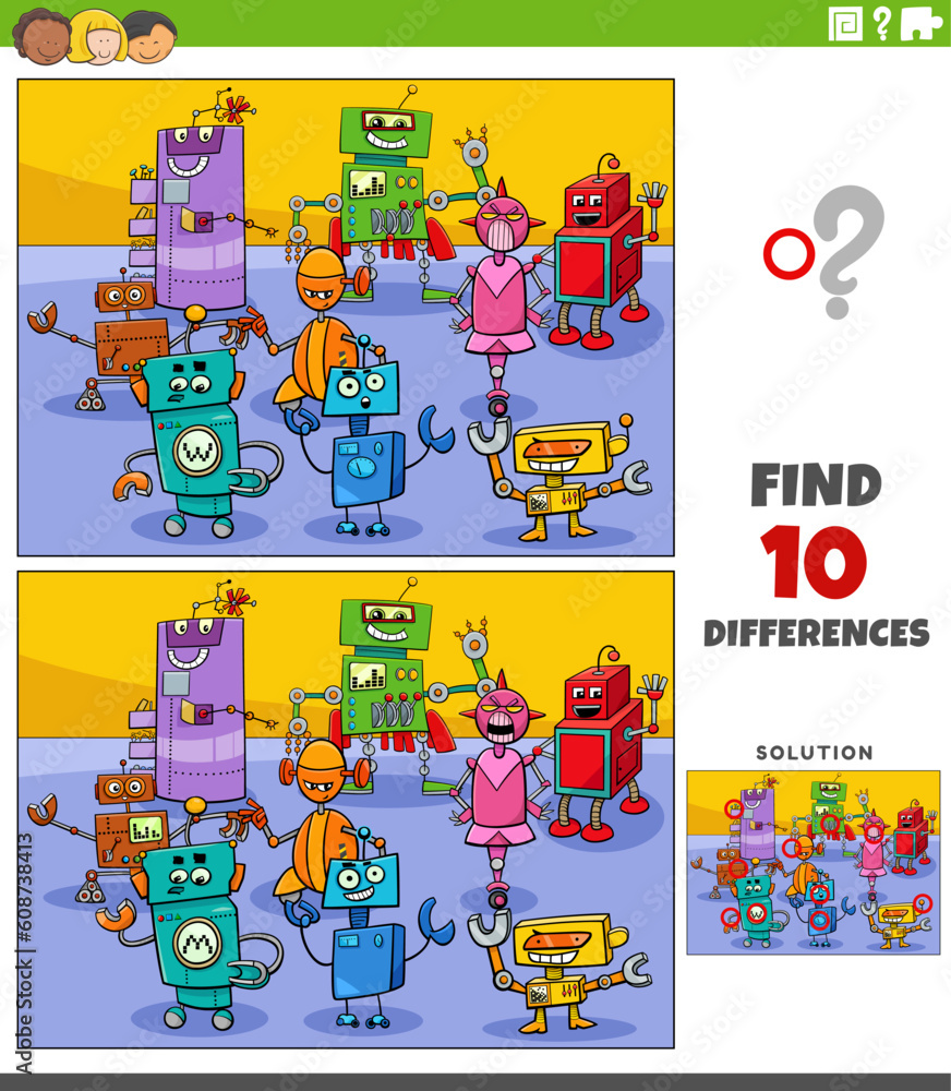 differences game with cartoon robots characters group