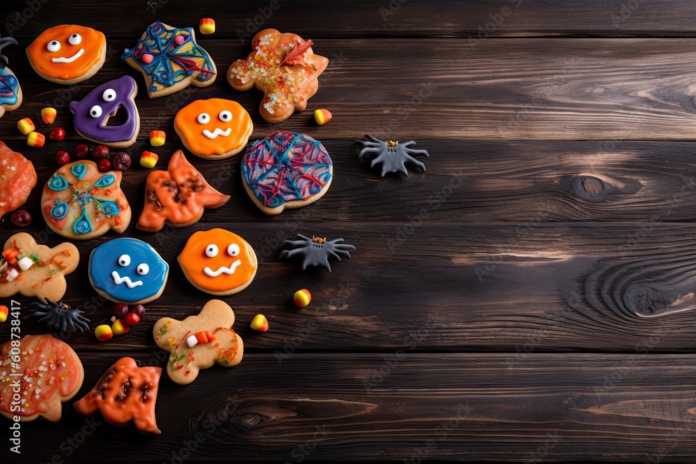 Illustration of Halloween cookies on a dark and spooky wooden background. Generative AI
