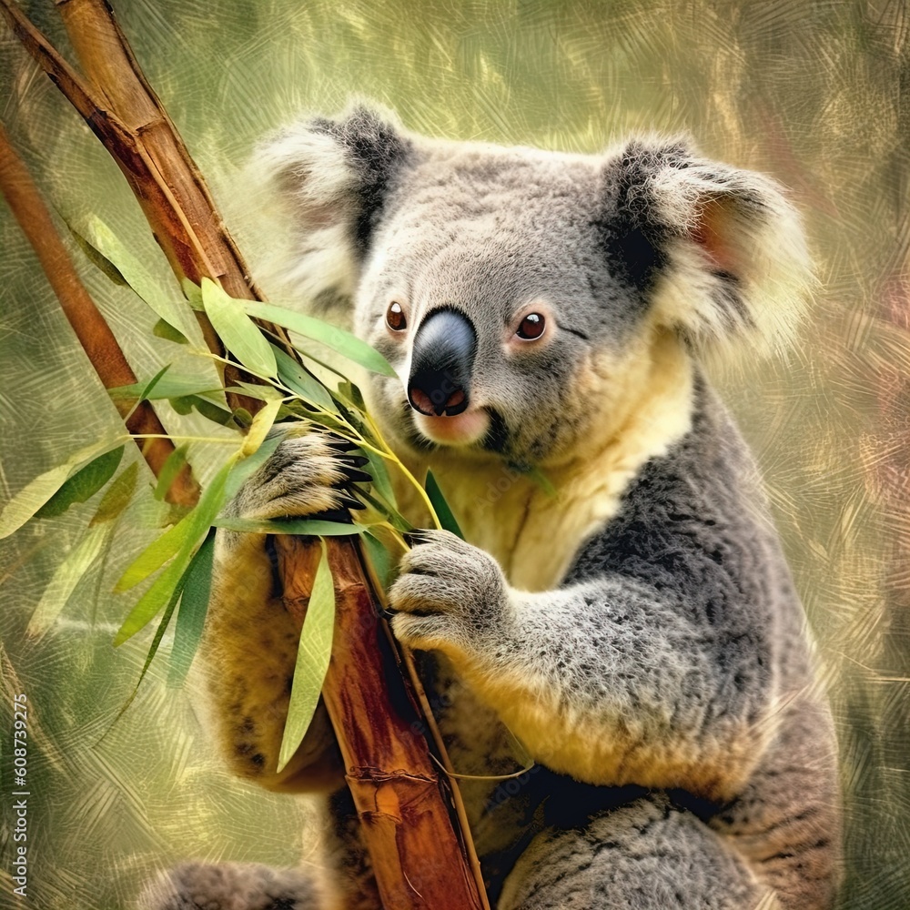 Fototapeta premium Koala sitting on a tree, Illustration, for pictures by numbers. Generative AI.