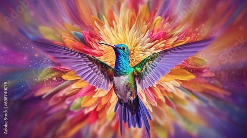  a painting of a colorful bird with wings spread out in the air.  generative ai