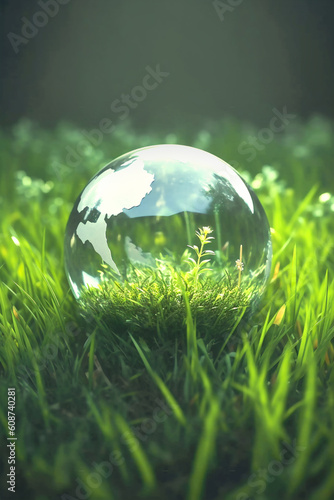 Crystal planet Earth globe with world map on green grass on a meadow. Symbol for sustainability environment protection green energy technology concept