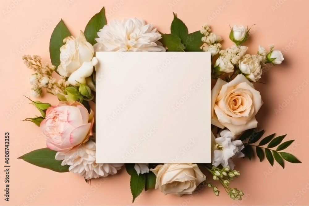 Mockup of an empty, blank greeting card with garden roses. Generative AI