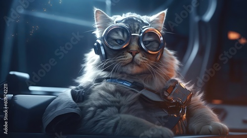 Angry fat cats cyberpunk theme VR. Generative AI illustrations