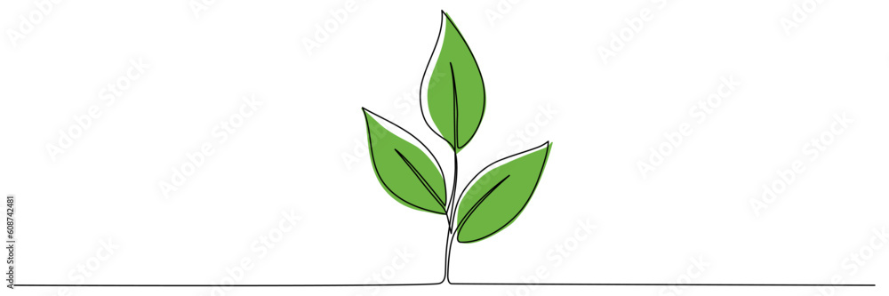 Leaves continuous line drawing. Plant branch one line art with green shapes. Vector illustration isolated on white.