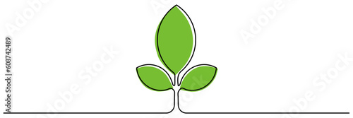 Leaves continuous line drawing. Plant branch one line art with green shapes. Vector illustration isolated on white.