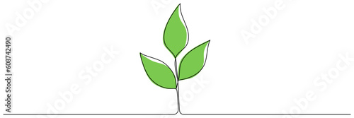 Leaves continuous line drawing. Plant branch one line art with green shapes. Vector illustration isolated on white.