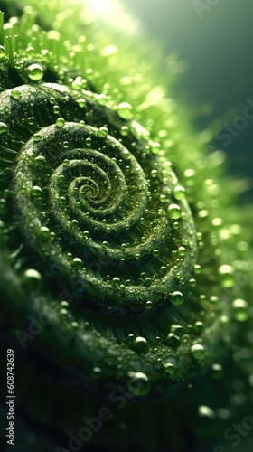 A Spiral Background all covered with Dew in Macro Photography Style - A Macro Spiral Style Backdrop - A Macro Spiral Wallpaper created with Generative AI Technology