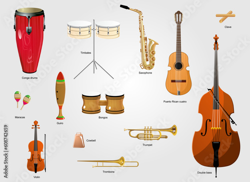 Typical instruments of salsa music. The salsa music instruments. The latin music instruments.