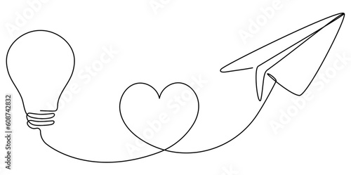 Lightbulb with flying paper plane with heart path continuous line drawing. Idea conceptual symbol. Vector illustration isolated on white.