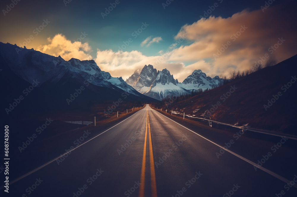 Straight road between snowy mountains - ai generative