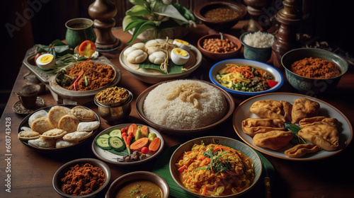 Flavors of Indonesia, A Feast of Padang-style Delights Adorning the Table. Generative AI