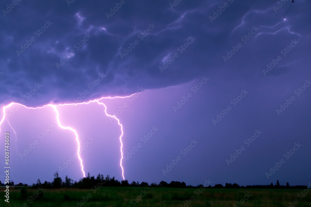 Ray. Lightning. Electric storm. Strong electrical storm with a