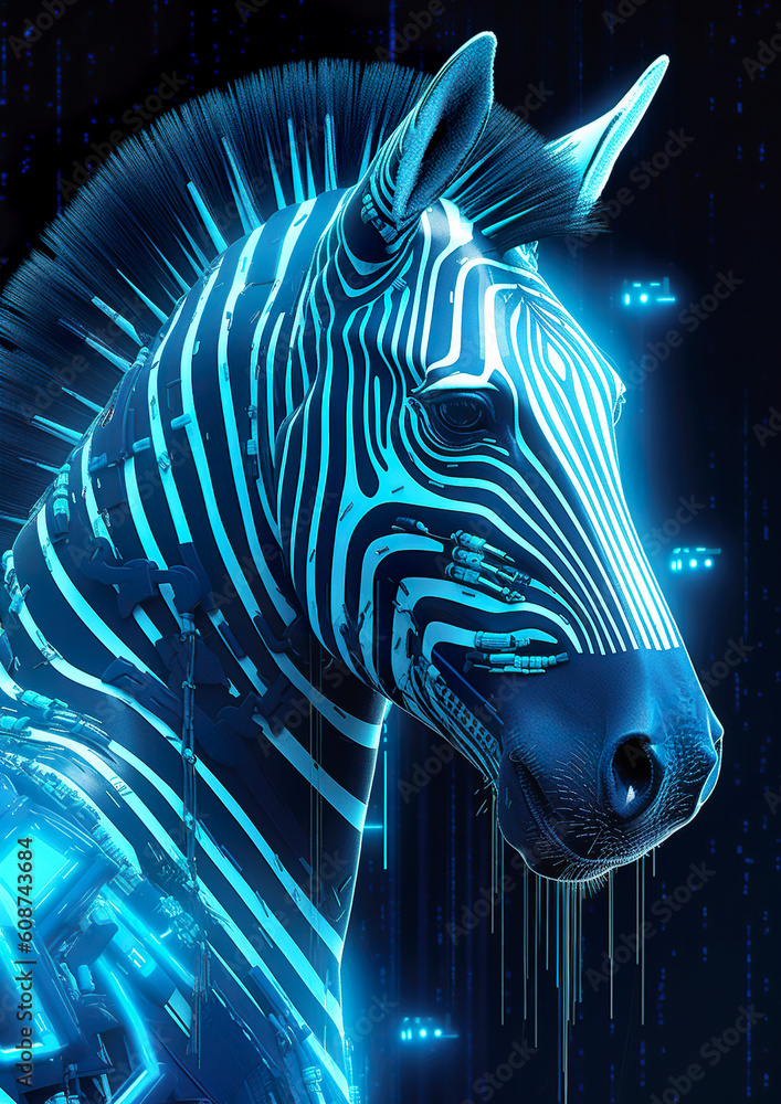 A futuristic zebra glows with vibrant blue neon stripes, set against a ...