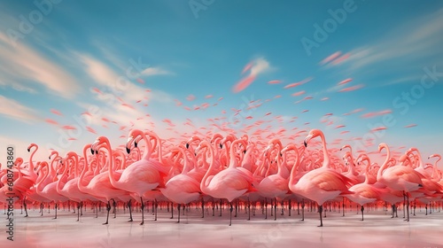  a group of flamingos standing in the middle of a body of water.  generative ai photo