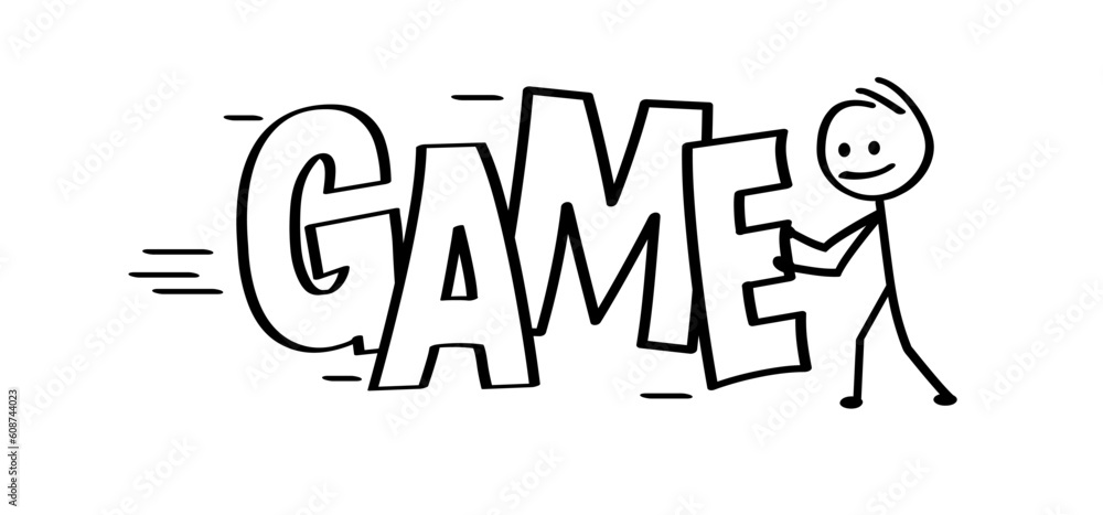 Slogan and text game. Let's play and game over. Cartoon stickman, stick ...