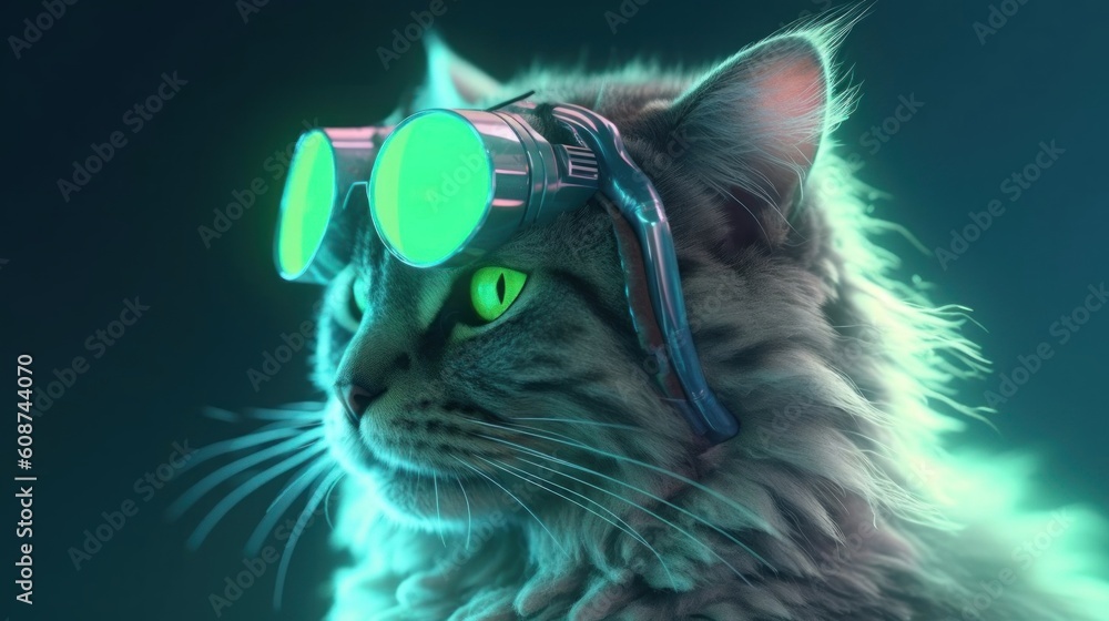 Closeup side portrait fat cat glowing green theme with VR. Generative AI illustrations