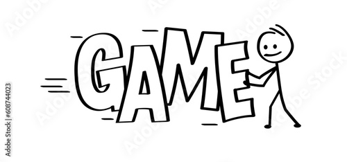 Slogan and text game. Let's play and game over. Cartoon stickman, stick figure man push, forward icon. Gaming symbol. Pushing sign. Fun zone, gamers sign. I Can't hear you i'm gaming !