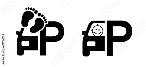 Stop, caution no baby or kids inside in a hot car or parking in the sun. Allowed negligence pictogram. Beware, babies leaving in a parked cars. forgetting small children in the car. Baby on board