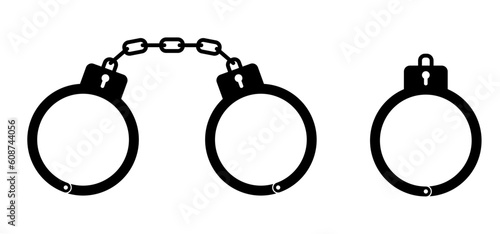 Closed jail cuffs. Cartoon handcuffs. Vector handcuff, manacles or shackles arrest. Police equipment. Chained, handcuffed hands, for thief, prison and detention. Crime symbol. Police hand cuffs.