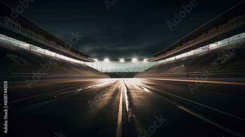 Race Track Arena with Spotlights. Empty Racing track with grandstands, shooting in the middle of the racing track and starting point, Generative AI