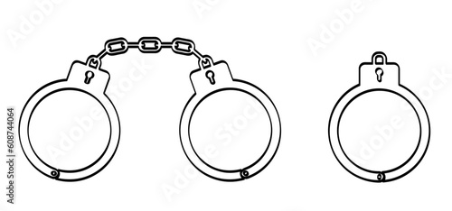 Closed jail cuffs. Cartoon handcuffs. Vector handcuff, manacles or shackles arrest. Police equipment. Chained, handcuffed hands, for thief, prison and detention. Crime symbol. Police hand cuffs.