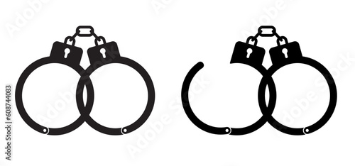 Closed jail cuffs. Cartoon handcuffs. Vector handcuff, manacles or shackles arrest. Police equipment. Chained, handcuffed hands, for thief, prison and detention. Crime symbol. Police hand cuffs.