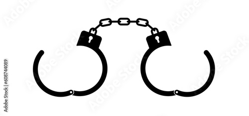 Closed jail cuffs. Cartoon handcuffs. Vector handcuff, manacles or shackles arrest. Police equipment. Chained, handcuffed hands, for thief, prison and detention. Crime symbol. Police hand cuffs.