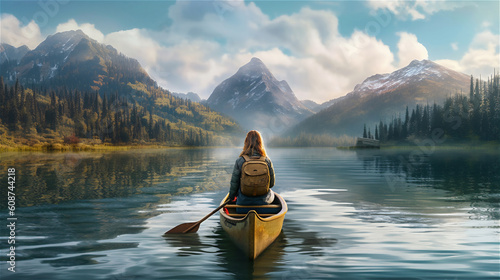 canoeist driving lonely through deserted dreamlike lake landscape with mountains in background, generative AI