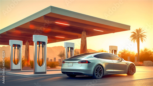 a modern electric vehicle stands at an electric gas station in the sunset, generative AI