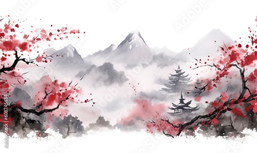 Chinese ink landscape painting created digitally Japan traditional ink illustration background
