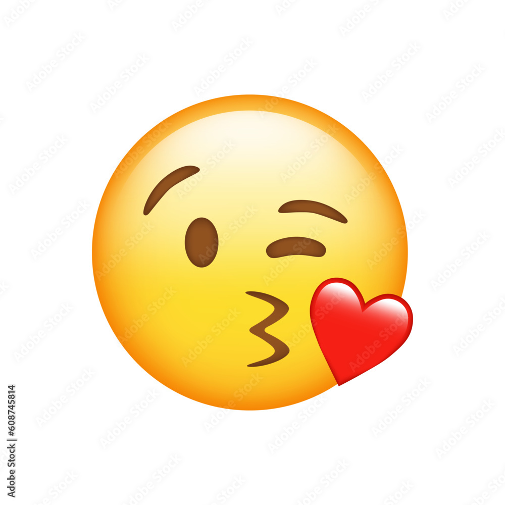Fototapeta premium Face Blowing a Kiss Emoji isolated on white background. Iphone Whatsapp Emojis. Simple, vector, printed on paper. icon for website design, mobile app, and UI. Vector Illustration