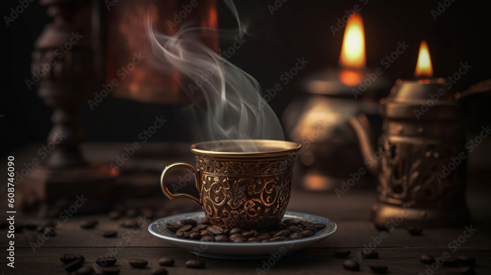 Steaming turkish coffee with coffee beans, tasty, close shot. Generative AI - obrazy, fototapety, plakaty 