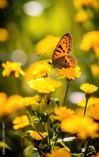 Solar Dance: Butterfly Resting on a Flower in Soft Yellow Hues   AI Generated. © zhOngphO