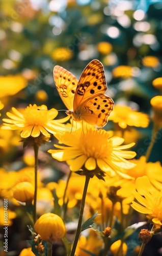 Solar Dance: Butterfly Resting on a Flower in Soft Yellow Hues | AI Generated.