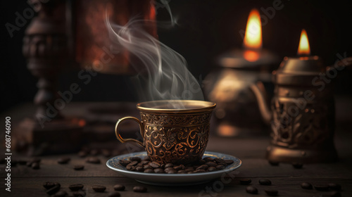 Steaming turkish coffee with coffee beans, tasty, close shot. Generative AI