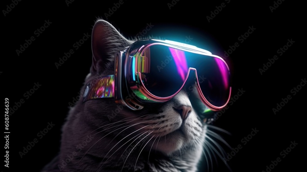 Closeup side portrait fat cat glowing hologram theme with VR. Generative AI illustrations