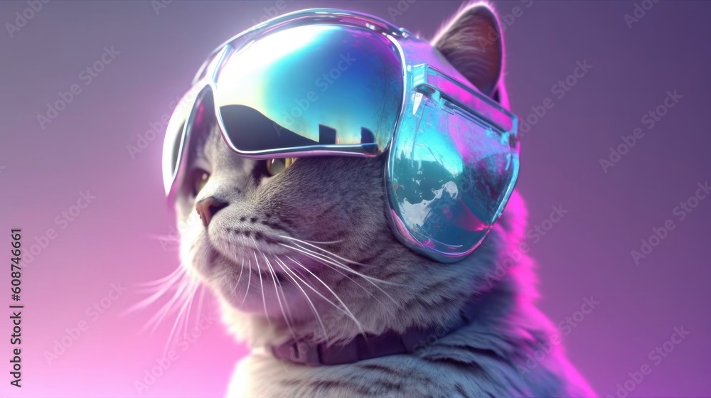 Closeup side portrait fat cat glowing hologram theme with VR. Generative AI illustrations