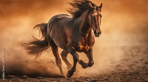  a brown horse galloping through the dust in the desert, its mane and tail flowing in the wind The background is blurred, giving the impression of movement and ener