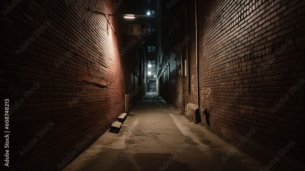 Scary empty dark alley with brick walls. Generative AI