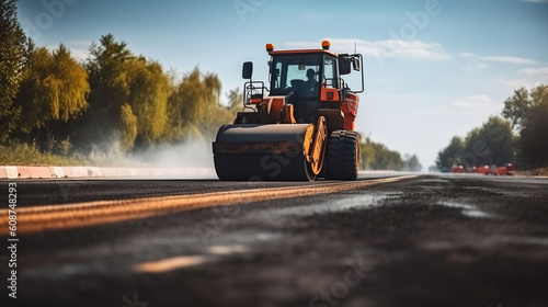 Roller rolling fresh hot asphalt on the new road. Road construction. Generative AI photo