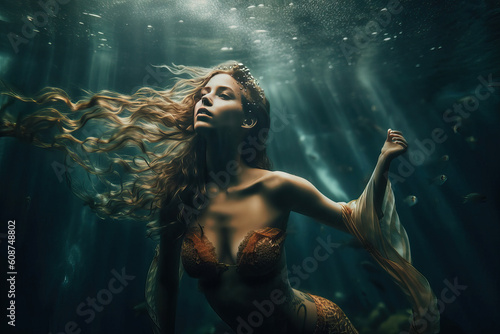 A beautiful mermaid swims under water, generative AI.
